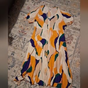 Ava & Viv Abstract Button-Front Midi Dress in Cream, Mustard, Purple & Green